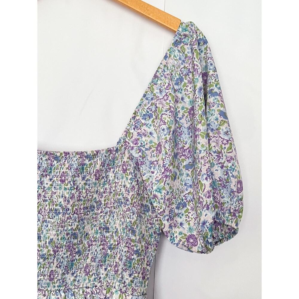 Entro Smocked Floral Maxi Dress Square Neck Layered Ruffle Blue Green Size Large - Picture 4 of 16